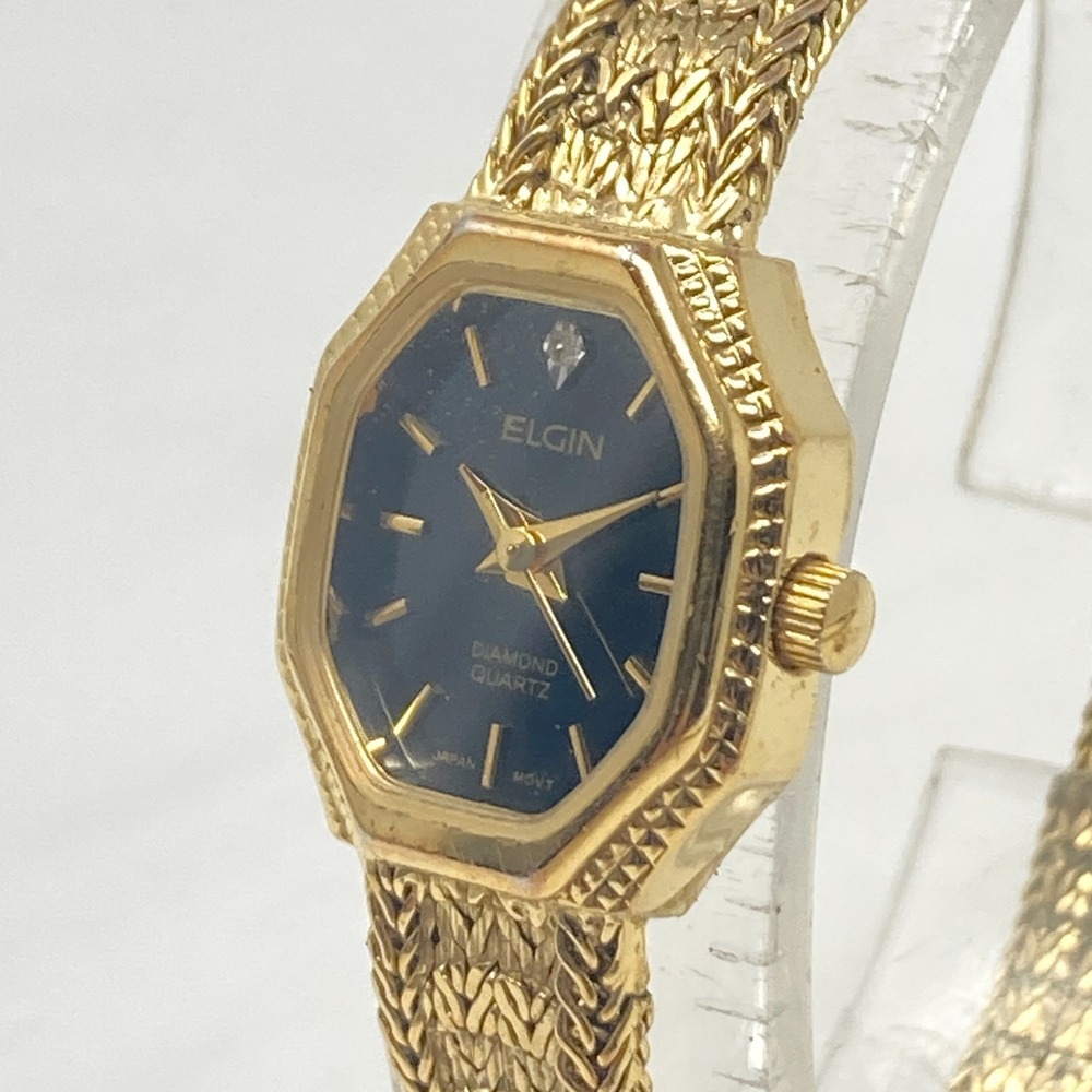 Vintage Elgin Diamond Womens Watch 17mm Gold Tone Octagon Black Dial New Battery